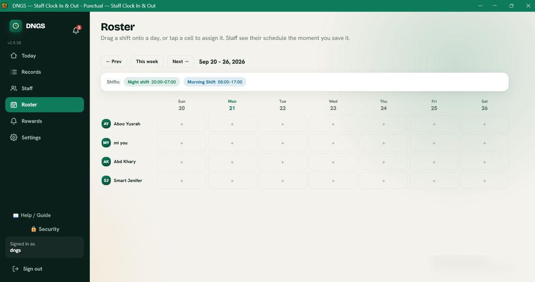 Drag-and-drop weekly shift roster builder