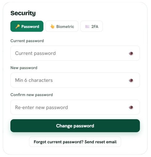 Security screen with Password, Biometric and 2FA tabs