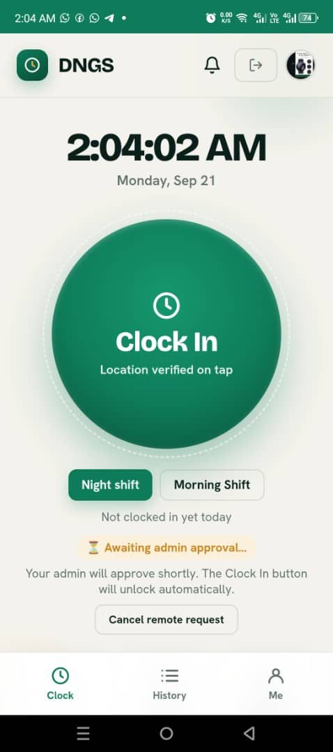 Staff clock-in screen with the large Clock In button